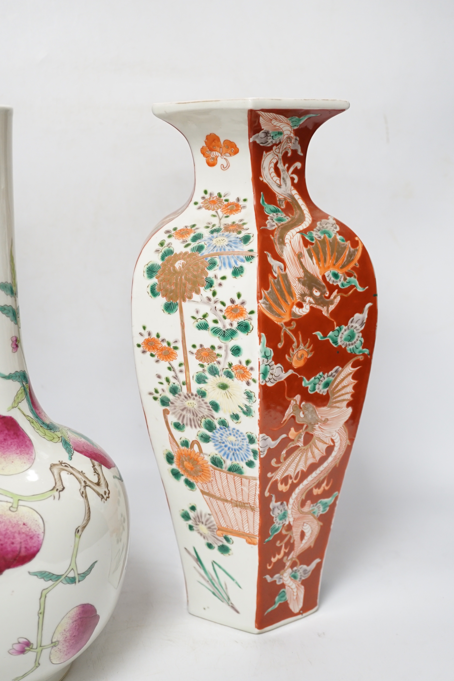 A Chinese peach-decorated vase and a Chinese hexagonal vase, latter 36cm